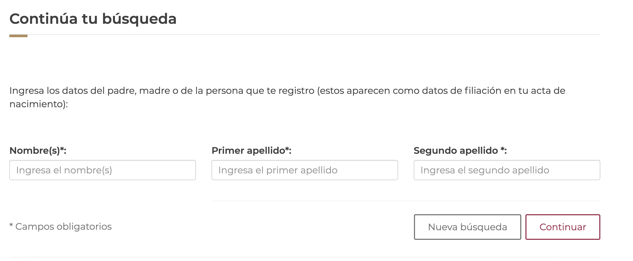 Pantalla de ingreso del nombre de madre, padre o quien haya registrado en acta de nacimiento